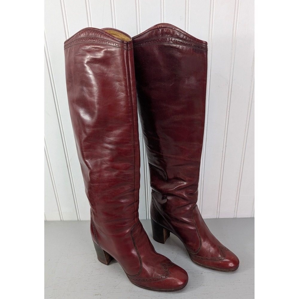 Ottorino Bossi Vintage Leather Wingtip Knee High Boots Italian Size 7.5 Burgundy